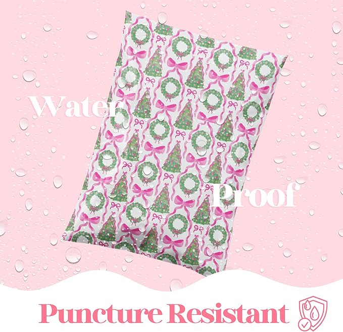6x9 Designer Poly Mailer 100 Pack Heavy Duty Waterproof Self Seal Shipping Bags for Small Business Large Mailing Envelopes Bulk Tear Resistant Packaging Coquette Christmas Holiday Bows