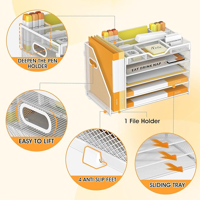 5 Tier Paper Letter Tray with File Holder and 3 Drop-in Pen Holders, Mesh Desk File Organizer with Handle, Desk Organizers and Accessories for School,Home, Office Supplies Storage-White