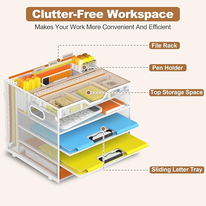 Docnest 5 Tier Letter Tray with Hanging File Organizer-Mesh Desk Organizer-Desktop Storage Box Built in Pen Holder and Handles, File Folder Holder for Mail Documents Office Supplies-White