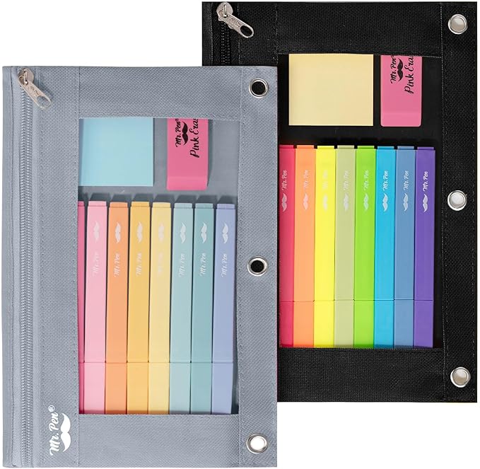 Mr. Pen- Pencil Pouch for 3 Ring Binder, 2 Pack, Black and Gray, 3 Ring Binder Pencil Pouch