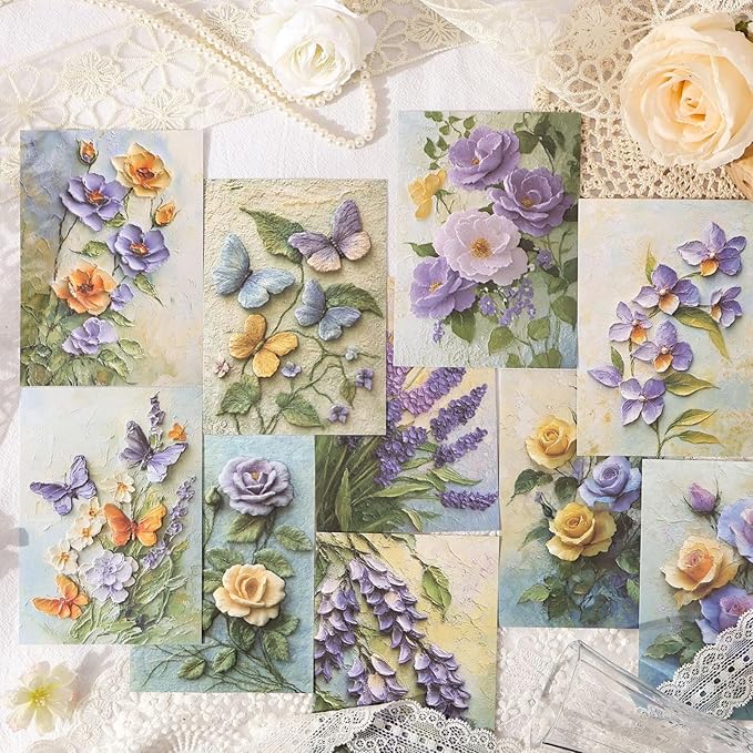 60 Sheets Aesthetic Relief Scrapbook Paper Kit, Vintage Flower Embossed Textured Decorative Collage Paper for Junk Journaling, Scrapbooking, Crafting, DIY Projects, Diaries, and Art Supplies