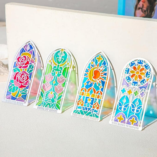 4 Pcs Stained Glass Window Metal Bookmark, Elegant Religious Christian Book Mark Gift for Bible Readers, Handmade Transparent Gothic Arch Bookmarks for Women Men, Lightweight Durable Bible Accessories