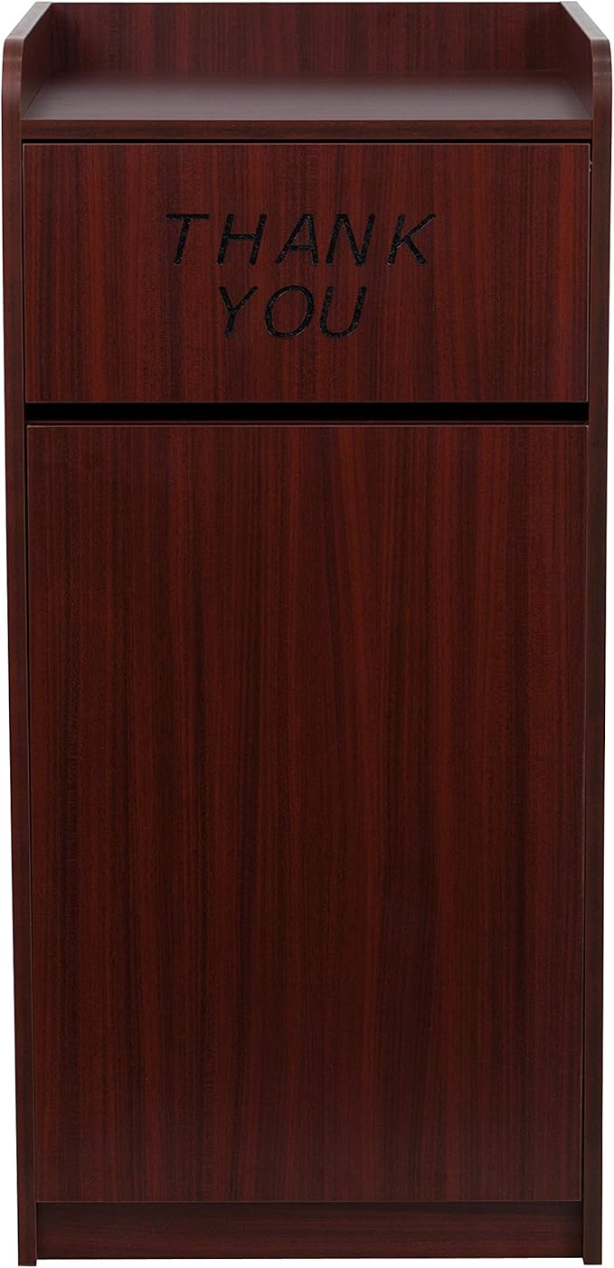 Flash Furniture Sony Laminate Wood Commercial-Grade Trash Receptacle with Tray Top, Wooden Restaurant Trash Can Garbage Receptacle, Mahogany