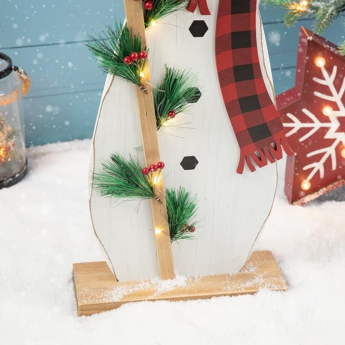 Glitzhome 36" H Lighted Wooden Christmas Snowman Porch Sign Standing Snowman with Birdhouse Porch Decor Rustic Merry Christmas Welcome Sign Holiday Party Outdoor Indoor Xmas Decorations