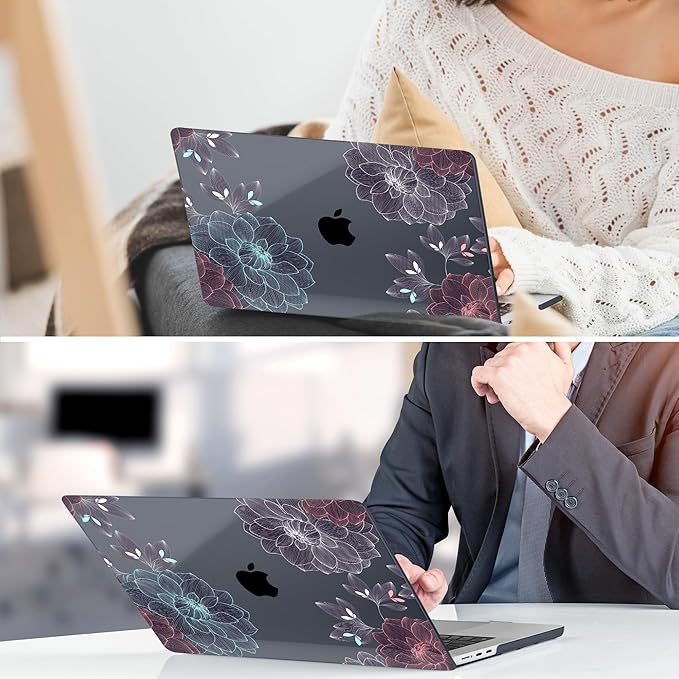 DONGKE Compatible with M4 MacBook Air 15 inch Case 2025 2024 2023 A3241 A3114 A2941 M3 M2 Liquid Retina Display Touch ID, Plastic Hard Case & Keyboard Skin & Screen Protector - Dahlia Flowers