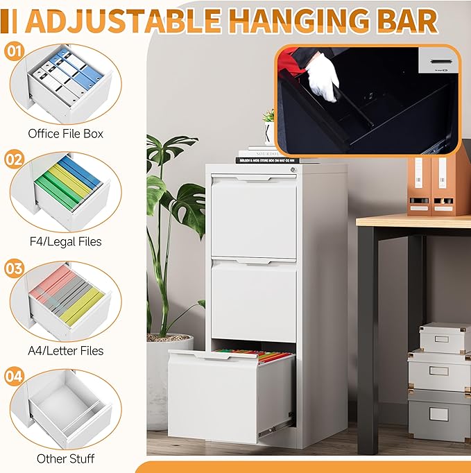 3-Drawer Metal File Cabinet with Lock,Steel Printer Stand with Storage for Home Office,Vertical Filing Cabinet for Legal/Letter/A4 Files,Assembly Required(15''W-3 Drawers,White)