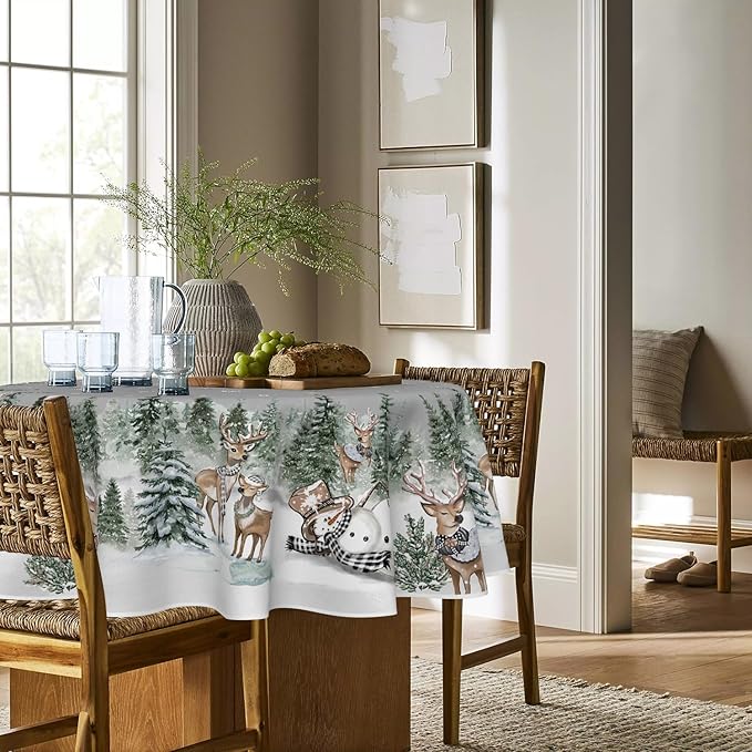 Horaldaily Christmas Tablecloth 60×60 Inch Round, Deers Snowman Trees Grey Washable Table Cover for Party Picnic Dinner Decor