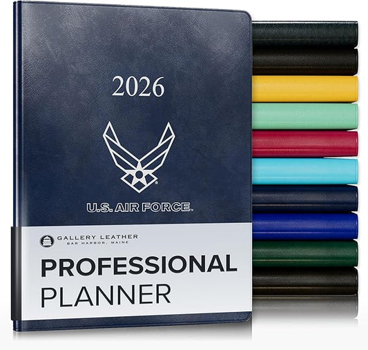 Gallery Leather Professional Weekly Monthly Planner 2026, Elegantly Bound Calendar Planner and Notebook with Stylish Gold-Gilded Page Edges, 12 Months - Acadia Navy - US Air Force - 9 x 7 "