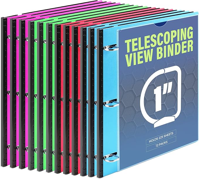 WOT I Telescoping 3 Ring Binder 1 Inch 12-Pack, Expandable Flexible Binder - Patented Design for Easy Portability, Holds 225 Sheets, 4 Bright Colors for School, Office&Home Organization