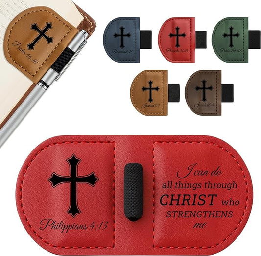 Bygone Mark Personalized Magnetic Leather Bookmark with Pen Holder - Inspirational Bible Verse Scripture Design, Custom Book Marker for Book Lovers Men Women (Red-Philippians 4:13)