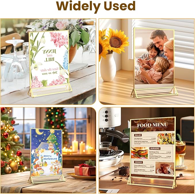 Gold Frames 5X7 Acrylic Sign Holder Double-Sided Tabletop Picture Frames for Menu Holder Wedding Table Number Holder Christmas Photo Frames with Removable Sticky Dots-3 Pack