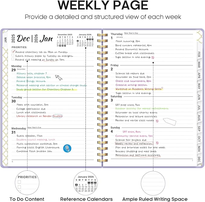 2026 Planner, Weekly and Monthly Calendar Planner, January 2026 - December 2026, Hardcover 2026 Calendar Planner Book with Tabs For Women & Men, Inner Pocket, Spiral Bound, Perfect for Office Home School Supplies - A4 (8.5" x 11"), Purple