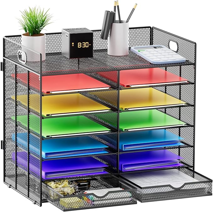 Marbrasse 7 Tier Desktop Literature Organizer, Mesh Paper Organizer, Desk Organizers with Drawer, File Sorter Mail Center Paper Storage Cabinet Classroom Keepers Mailbox for Office Home School (Black)
