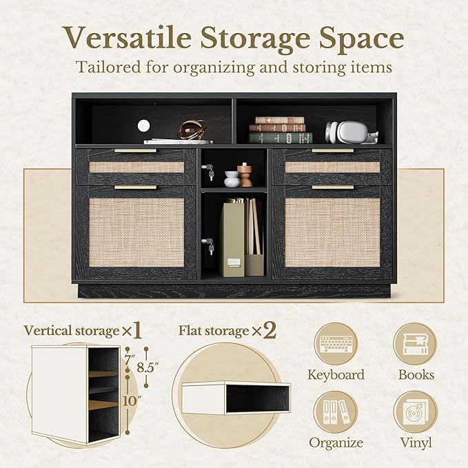 4 Drawer File Cabinet, Fluted Wood Lateral Filing Cabinet with Lock and Charging Station for Home Office, Printer Stand with Open Storage Shelves, Fits A4, Letter Size, Black