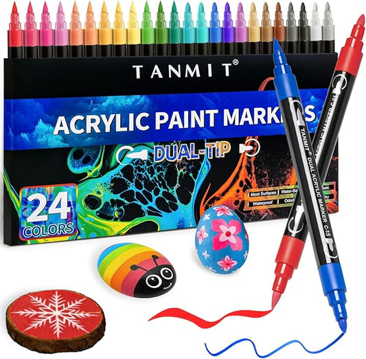 24 Colors Acrylic Paint Pens, Dual Tip Acrylic Paint Markers with Brush Tip and Fine Tip, Acrylic Pens for Rock Painting, Wood, Canvas, Stone, Glass, Ceramic,DIY Crafts Making Art Supplies