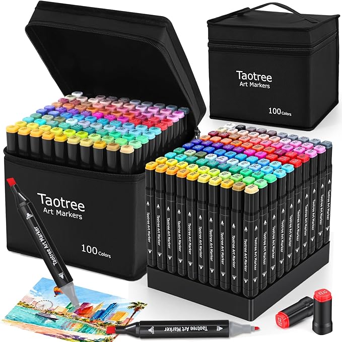 Taotree Alcohol Markers 100 Colors with Case & Holders, Dual Tips Art Coloring Markers Pens, Chisel & Fine Sketch Pens, Art Supplies for Artist Kids Adult Coloring Books Painting, Drawing, Sketching