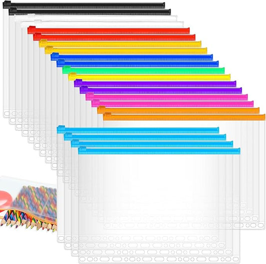 40 Pieces Multi-Ring Binder Zipper Pouch, 19 Hole Binder Pockets with Zipper Bulk Binder Folders Plastic Binder Pouch Loose Leaf Bags Waterproof PVC Document Filing Bag(Colorful, B5)