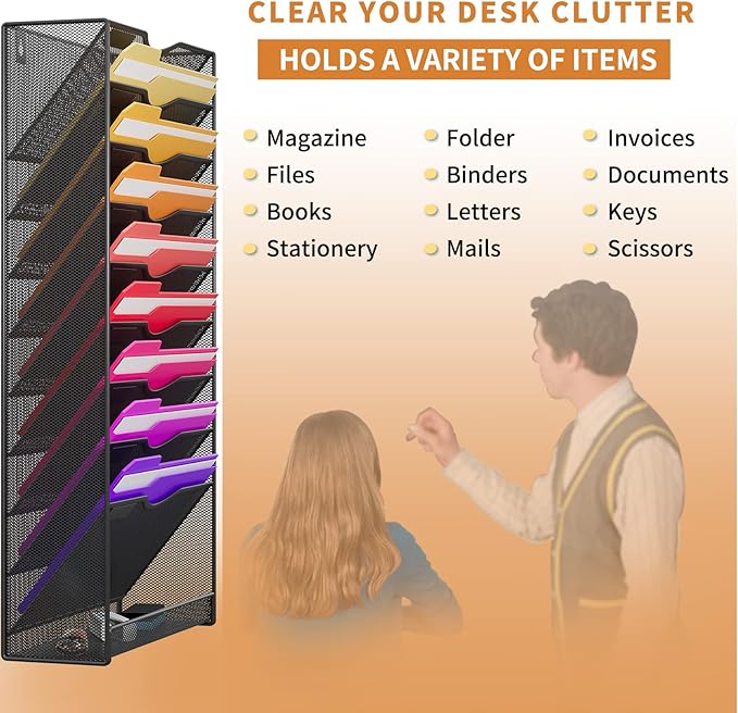 10-Tier Hanging Wall File Organizer Wall Mounted File Holder Document Wall Organizer for Office Organization and School Storage (No Assembly Required) (10 Tier Black)