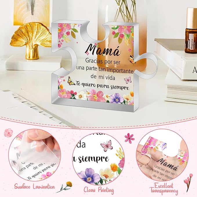 Yopyame Spanish Mom Birthday Gifts - Regalos para Mamá Acrylic Plaque Colorful Flower Keepsake Paperweights Gifts for Mom in Spanish Christmas Mothers Day Desk Sign for Mom from Daughter Son
