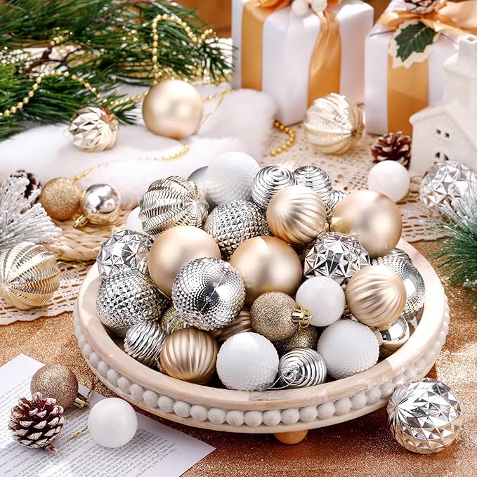 64 Pcs Christmas Ball Ornaments Champagne Gold Silver White Xmas Ornaments Sets 1.6/1.97/2.4 Inch Shatterproof Glitter Xmas Balls Assorted Holiday Neutral Modern Christmas Decor for Tree Home