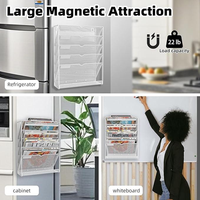 6 Tier Magnetic File Holder, No Drilling Installation File Cabinet Organizer,Black Magnetic File Holders, Magnetic Paper Holder for Refrigerator,File Cabinets, Whiteboard, White