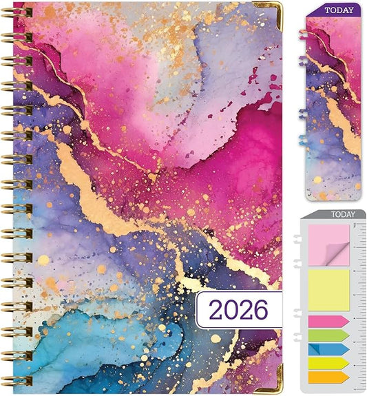 HARDCOVER 2026 Planner, 5.5"x8": 14 Months (November 2025 - December 2026), Daily Weekly Monthly Planner, Yearly Agenda, Bookmark, Pocket Folder and Sticky Note Set (Rainbow Gold Marble)