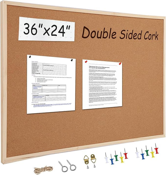 24” x 36” Cork Boards for Walls with Wooden Frame 1pack, Double Sided Office Board for Wall Organizer, Bulletins Board Decorative Hanging Pin Board for School, Home & Office, Notice Board Memo Board