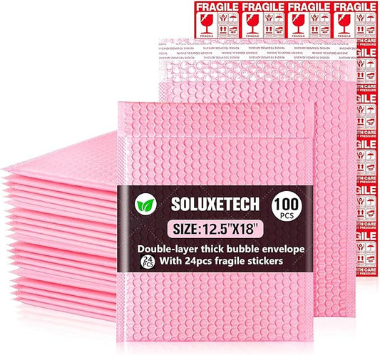 Large Bubble Mailers 12x18'' 100 Pack and 24PCS Fragile Stickers Pink Thick Waterproof Padded Poly Envelopes Bubble Wrap Mailers Self Seal Shipping Bag for Small Business Shipping Envelope Mailers #5