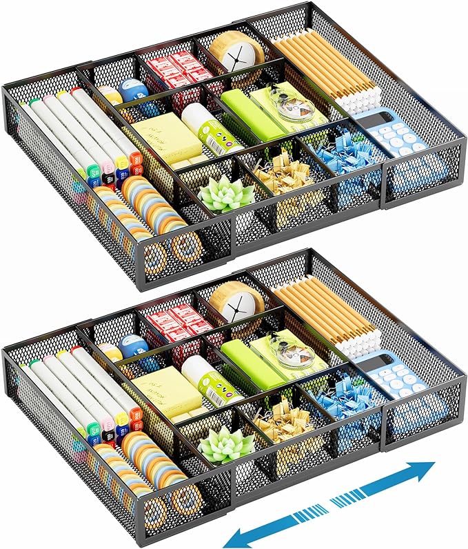Marbrasse Expandable Desk Drawer Organizer, Mesh Drawer Organizer Tray with 10 Adjustable Compartments, Desk Organizers and Accessories for Office Supplies, Makeup & Vanity (Expandable Black-2 pack)
