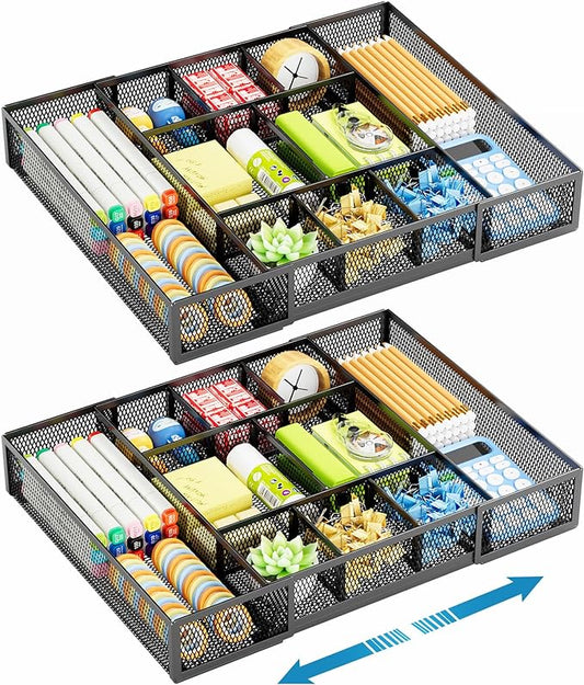 Marbrasse Expandable Desk Drawer Organizer, Mesh Drawer Organizer Tray with 10 Adjustable Compartments, Desk Organizers and Accessories for Office Supplies, Makeup & Vanity (Expandable Black-2 pack)