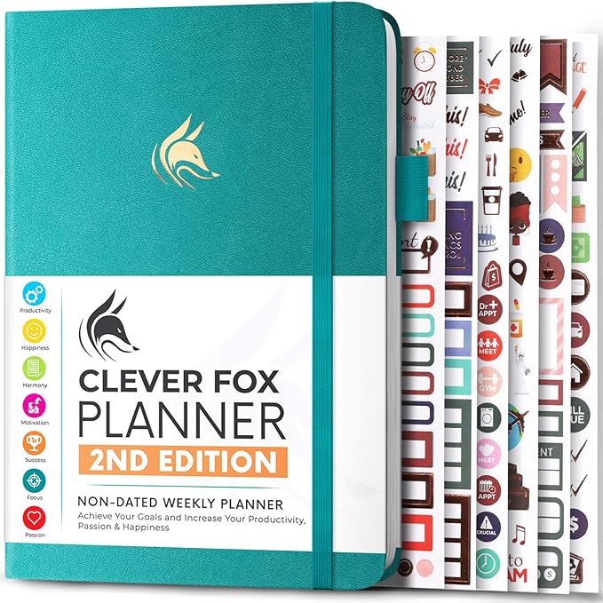 Clever Fox Planner 2nd Edition – Colorful Weekly & Monthly Goal Planner, Time Management & Productivity Organizer, Undated, A5 (Turquoise)