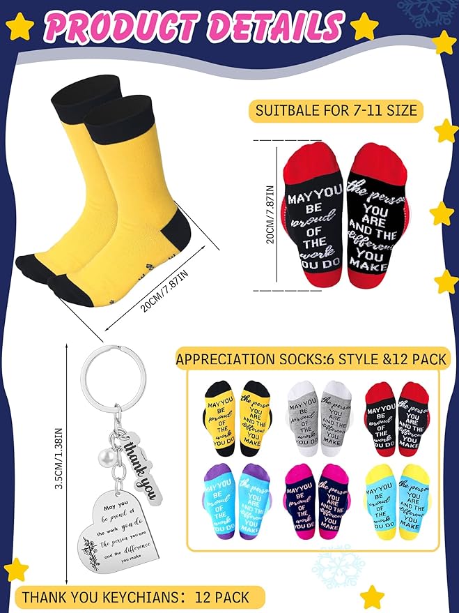 24 Pcs Employee Appreciation Gifts Thank You for All You Do Socks Stainless Steel Keychains for Staff Coworker Team