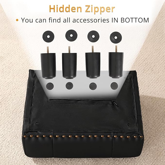 LUE BONA Small Tufted Foot Stool, Black Rivet Faux Leather Footrest with Plastic Legs, 9''H, Rectangle Foot Stools for Adult with Non-Slip Pads, Sofa Footstool for Living Room, Couch