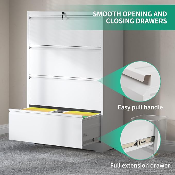 4 Drawer Lateral File Cabinets,White Metal Lateral Filing Cabinet for Home Office,Wide Steel Storage Cabinet Commercial Drawer for Legal/Letter/A4 Size Files