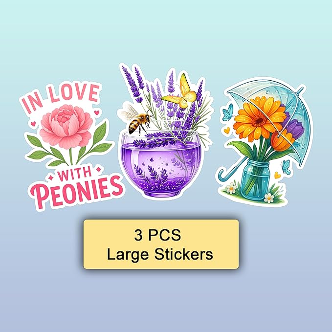 105 PCS Peony Lavender Gerbera Daisy Flower Stickers Pack Vinyl Waterproof Botanical Bloom Quote Decal for Hard Hat Bumper Car Water Bottle Scrapbook Laptop Phone Wall Gift