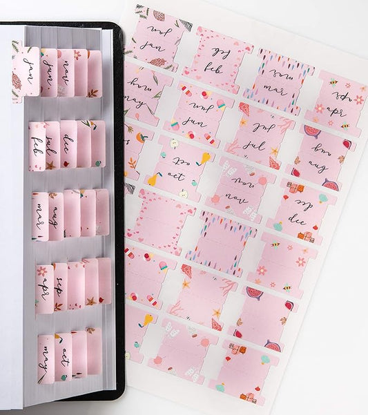 DiverseBee Laminated Planner - 24 Peel and Stick Tabs (12 Month, 12 Blank), Calendar Dividers (Rose)