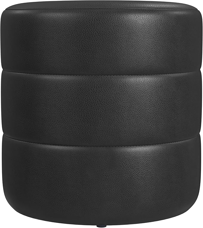 HomePop Upholstered Faux Leather Round Ottoman Home Décor|Foot Rest Ottoman- Black Faux Leather