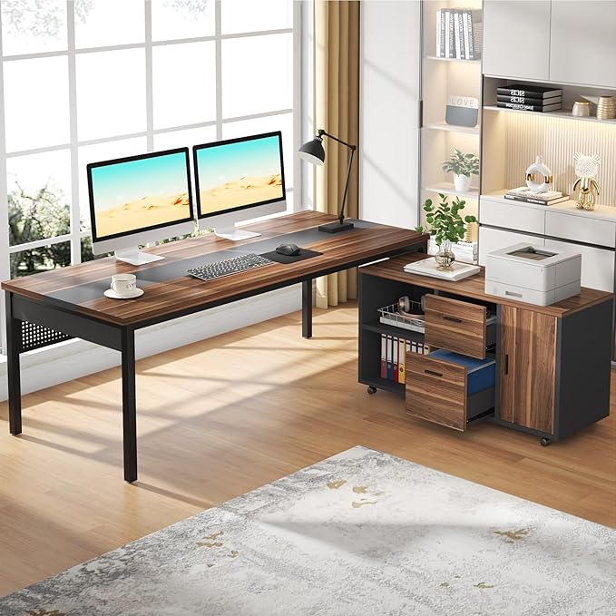 Tribesigns 70.8" Large Executive Office Desk and 47" Lateral File Cabinet Combo, L-Shaped Computer Desk 2 Piece Business Furniture with Drawers and Shelves, Home Office Workstation, Walnut