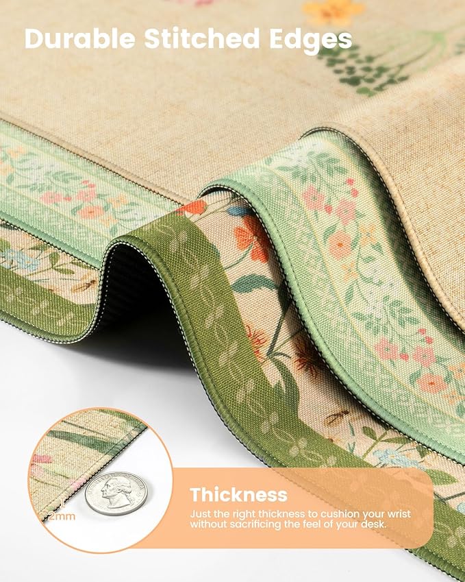 iCasso Desk Cover Mat, Extra Large Floral Mouse Pad, Desk Pad Mat,Office Matt for Desktop Protector, Anti-Slip XXL Big Mousepad with Stitched Edges for Laptop Computer Keyboard(Beige)