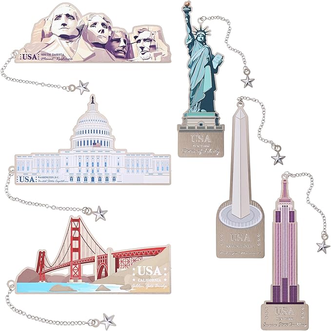 6 Pcs Silver Metal Bookmarks, Elegant Statue of Liberty America Famous Landmark Building Theme Bookmark for Women, USA Commemorate Bookmark Gift for Book Lovers Writers Readers Girls Teenage Children