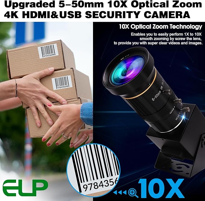 ELP 4K USB HDMI USB Camera Manual Zoom Webcam Variable Focus PC Camera Mini Close-up Camera for Computer H.264 Telescope USB Security Camera 8mp IMX415 Industrial CCTV Camera (5-50mm 10X Zoom Lens)