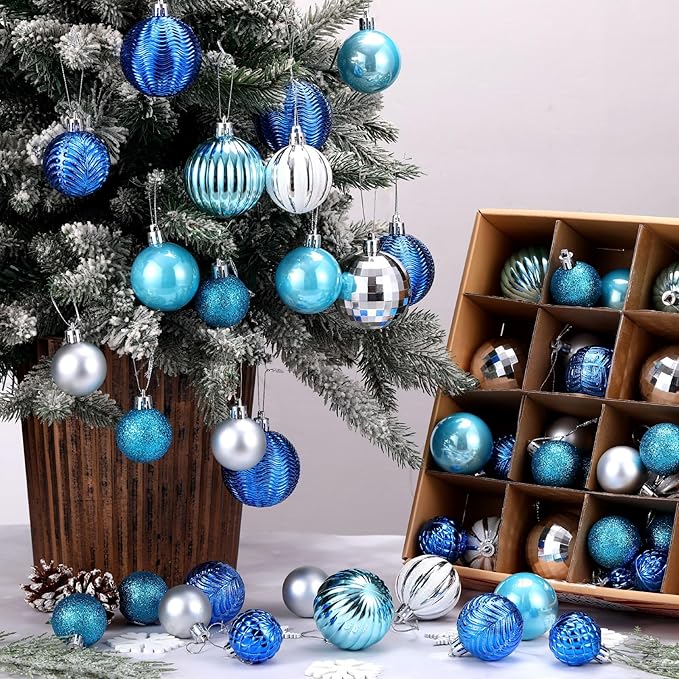 64 Pcs Winter Ball Ornaments Silver Blue Ornament for Tree 1.6/1.97/2.4 Inch Shatterproof Glitter Matt Xmas Baubles Assorted Size Winter Wonderland Ornament Decoration for Christmas Tree Party