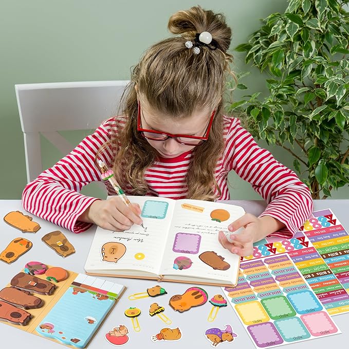 B1ykin Notebook Sticky Notes Stationery Set, 6Pcs Hardcover Ruled Journal Notebook with Planner Stickers, Neutral Pen Bookmarks Clips Birthday Gift for Office Students (Capybara)