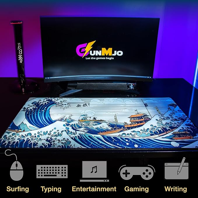 GUNMJO Ocean Wave Extended Gaming Mouse Pad, Ultra-Smooth Surface for Pixel-Precise Mouse Control, Durable Anti-Fray Stitching, Non-Slip Rubber Base, for Gamer, Office & Home, Light & Portable