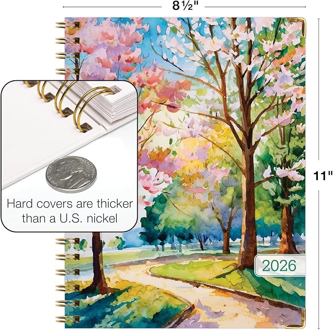HARDCOVER 2026 Planner, 8.5"x11": 14 Months (November 2025 - December 2026), Daily Weekly Monthly Planner, Yearly Agenda, Bookmark, Pocket Folder and Sticky Note Set (Watercolor Tree)