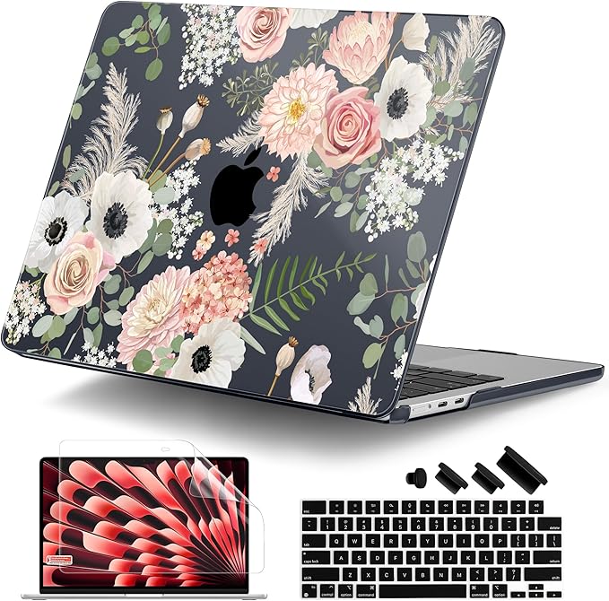 DONGKE Compatible with M4 MacBook Air 15 inch Case 2025 2024 2023 A3241 A3114 A2941 M3 M2 Liquid Retina Display Touch ID, Plastic Hard Case & Keyboard Skin & Screen Protector - Dried Flowers
