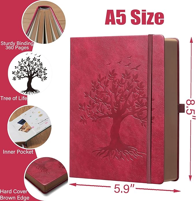 ZXHQ A5 360 Pages Lined Journaling Notebooks with Pen, Journals for Women Men Writing Notebook, Tree of Life Design, Brown Edge Fine Inner Pocket - Wine Red