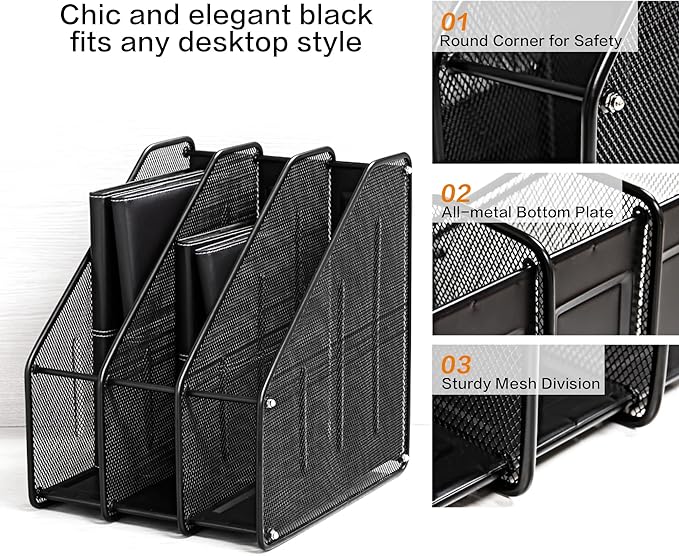 deli Mesh Magazine File Holder, Desk Organizer File Folder Document Rack for Office Organization and Storage, 3 Vertical Compartments, Black