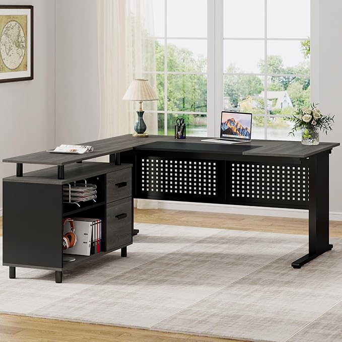 Tribesigns 63 Inch Executive Desk with File Cabinet, Large Office Desk L Shaped Computer Desk with Drawers and Storage Shelves, Business Furniture Desk Workstation for Home Office, Gray and Black