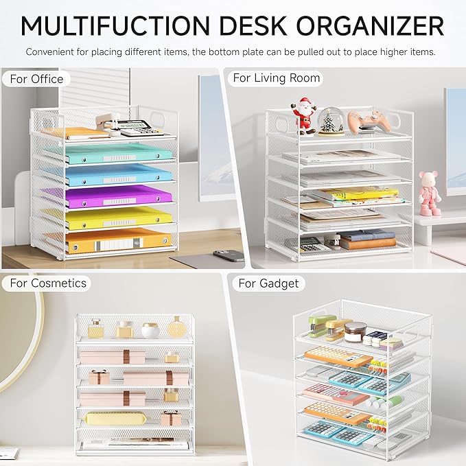 6 Tray Paper Organizer Letter Tray with Handle - Mesh Desk File Organizer, Paper Sorter Organizer for Office, Home or School File Folder Holder - White